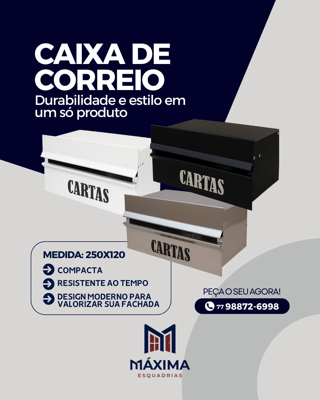 Três caixas de correio com a palavra CARTAS em relevo, nas cores branca, preta e inox