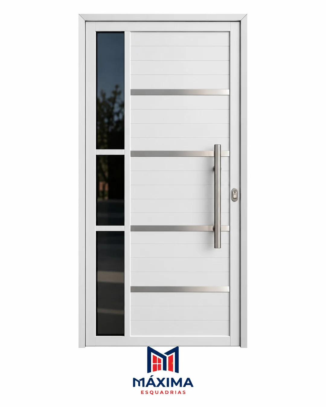 Porta em lambril branco com frisos em inox, puxador longo e visor lateral em três vidros