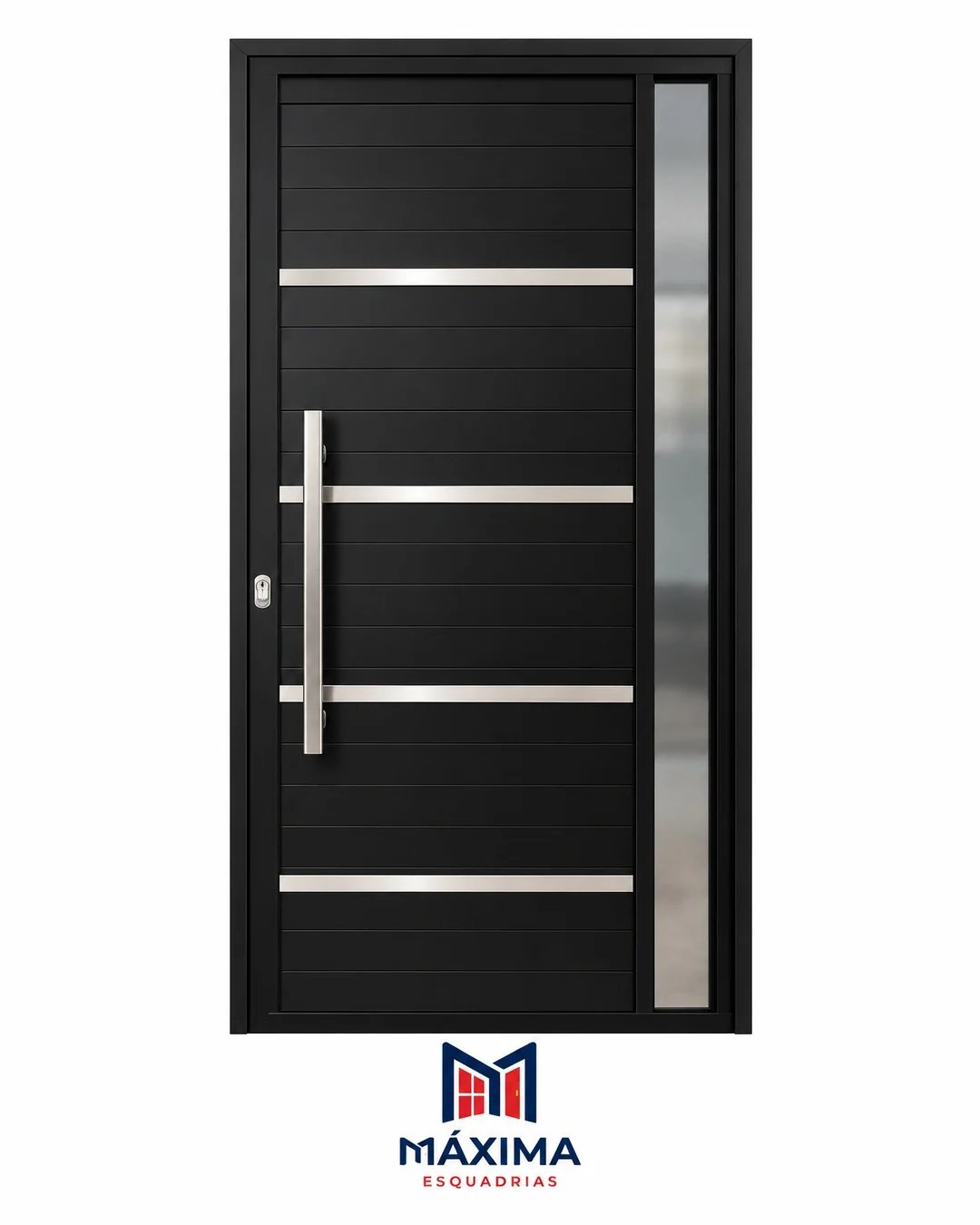 Porta em lambril preto com frisos em inox, puxador longo e visor lateral em três vidros
