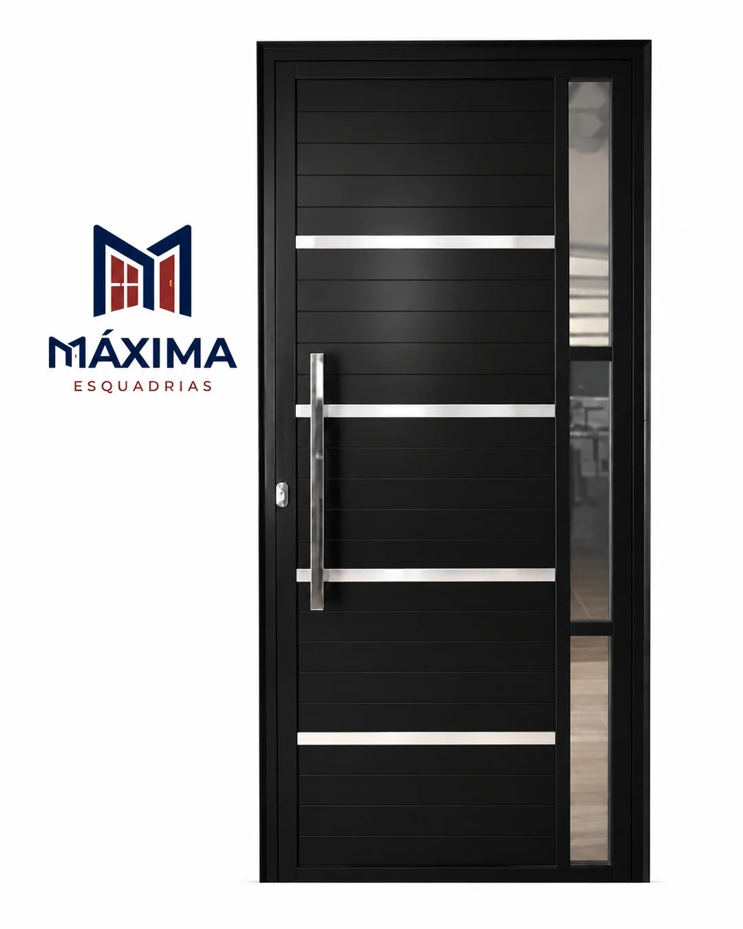 Porta em lambril preto com quatro frisos em inox, puxador longo e visor lateral envidraçado