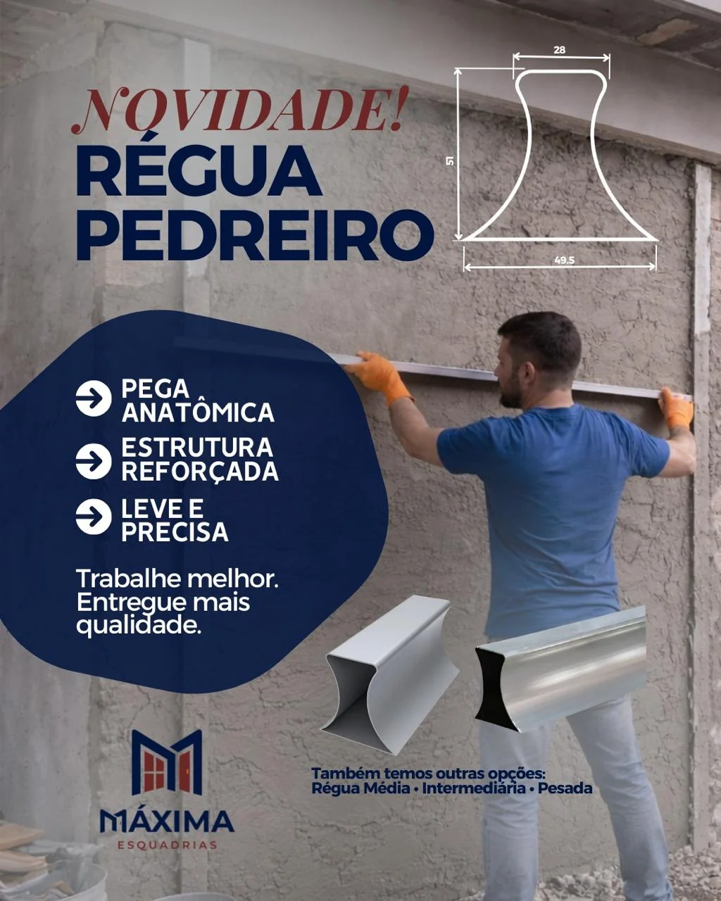 Pedreiro apoiando uma régua anatômica de alumínio sobre a parede, com o desenho técnico do perfil e duas réguas em destaque