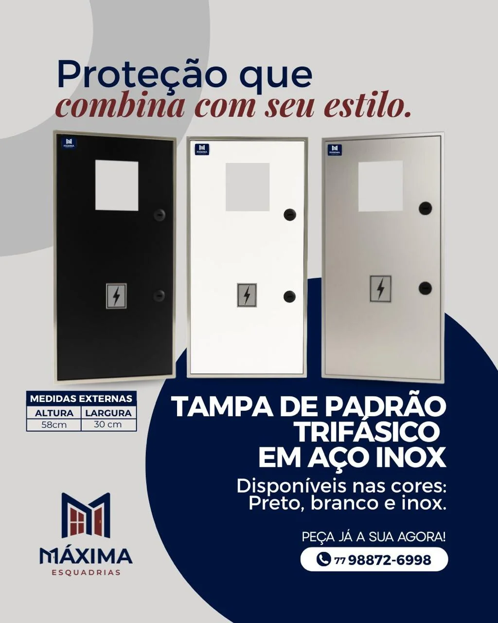 Três tampas de padrão trifásico em aço inox, nas cores preta, branca e inox, com visor e fechadura